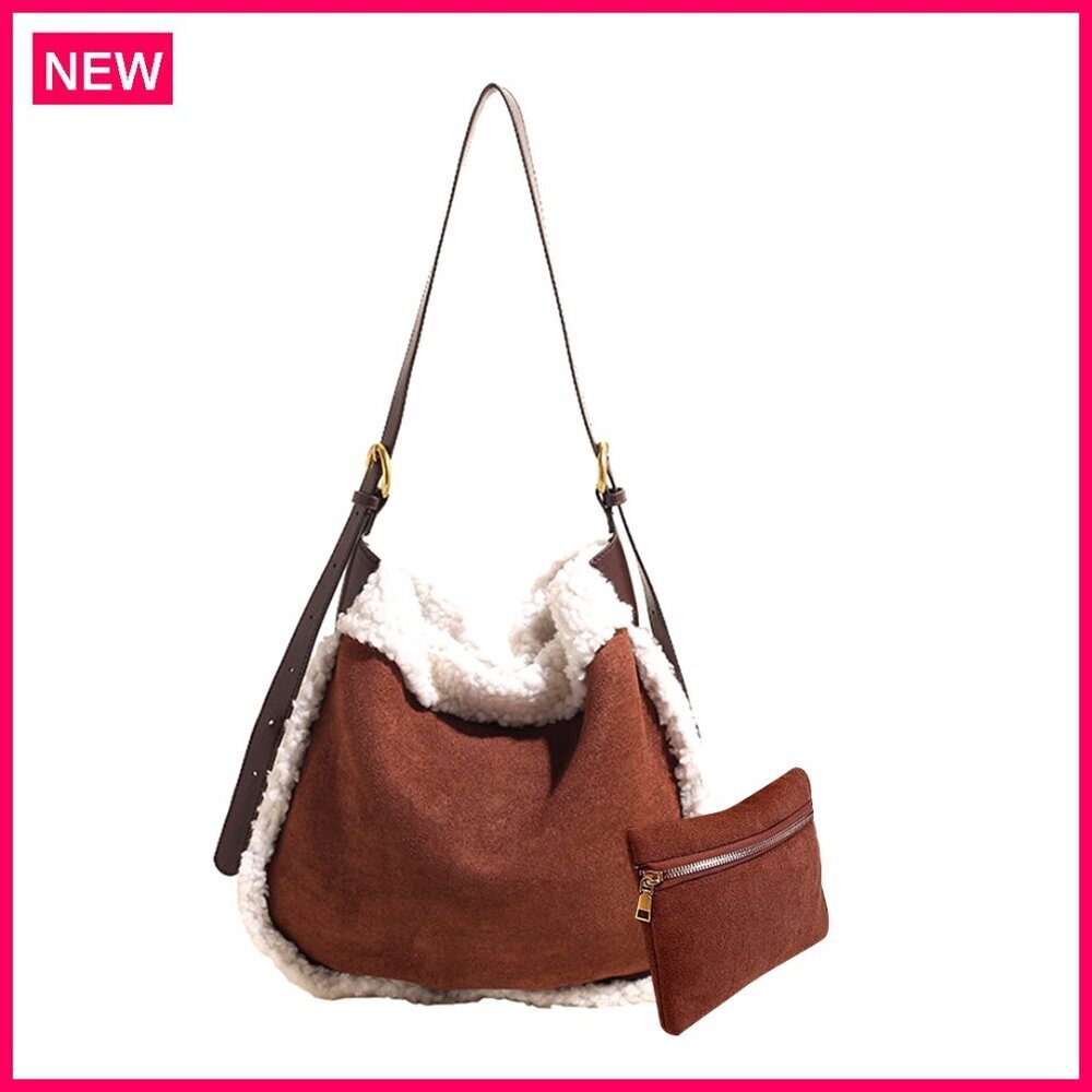 Large Suede Tote Bag with Lamb Wool Shoulder Crossbody Handbag 2pc Set